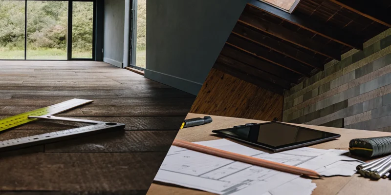 Renovation plans and tools on an unfinished basement floor to budget the cost to finish a basement.