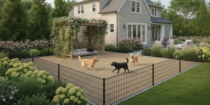 Landscaped Long Island backyard with a fenced dog run and shaded rest area