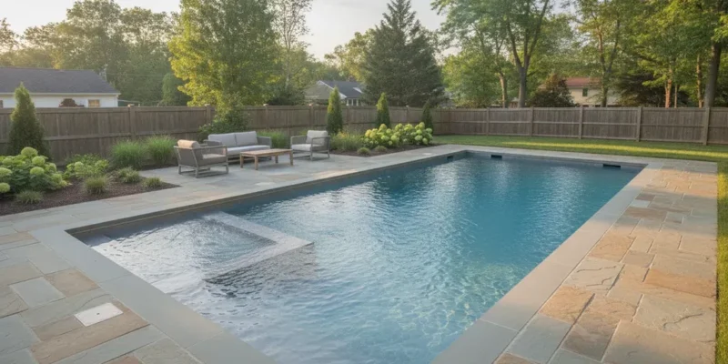 Rectangular fiberglass pool with tanning ledge, natural stone coping, and landscaping in a Long Island backyard