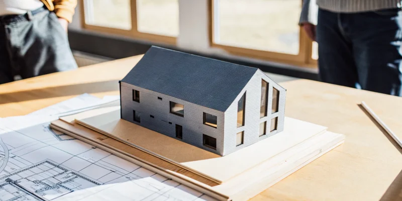 A Long Island design build contractor reviews blueprints with a modern house model.