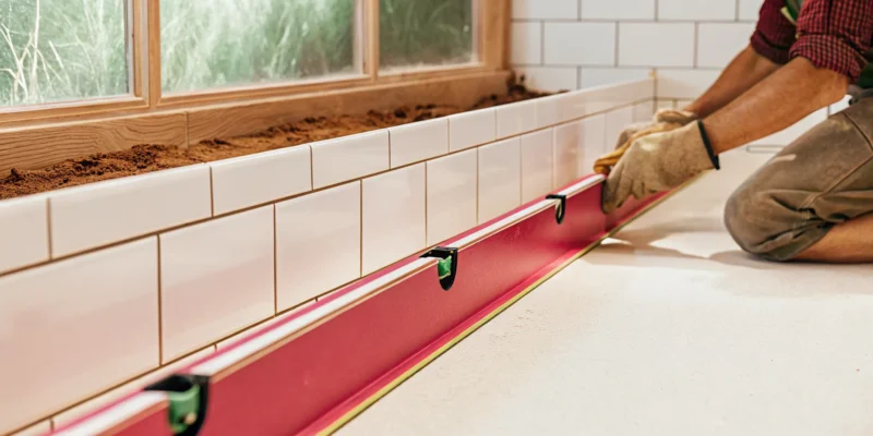 Kitchen tile installer leveling white subway tiles in a Long Island kitchen.