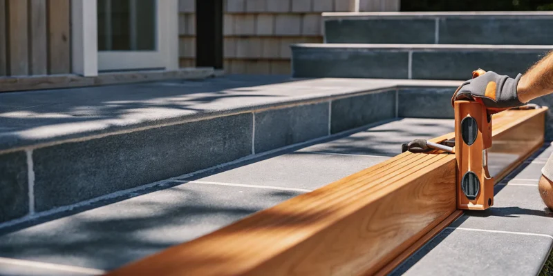 Professional installer leveling marble coping on a pool edge in Long Island.