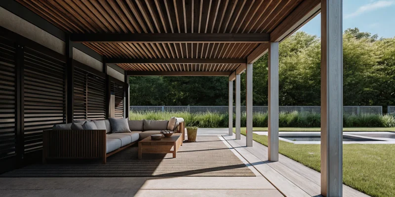 Modern wood pergola on a patio, built by a premier Long Island pergola builder.