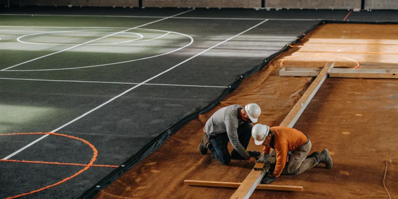 Professional installers preparing a new artificial turf sports field on Long Island.