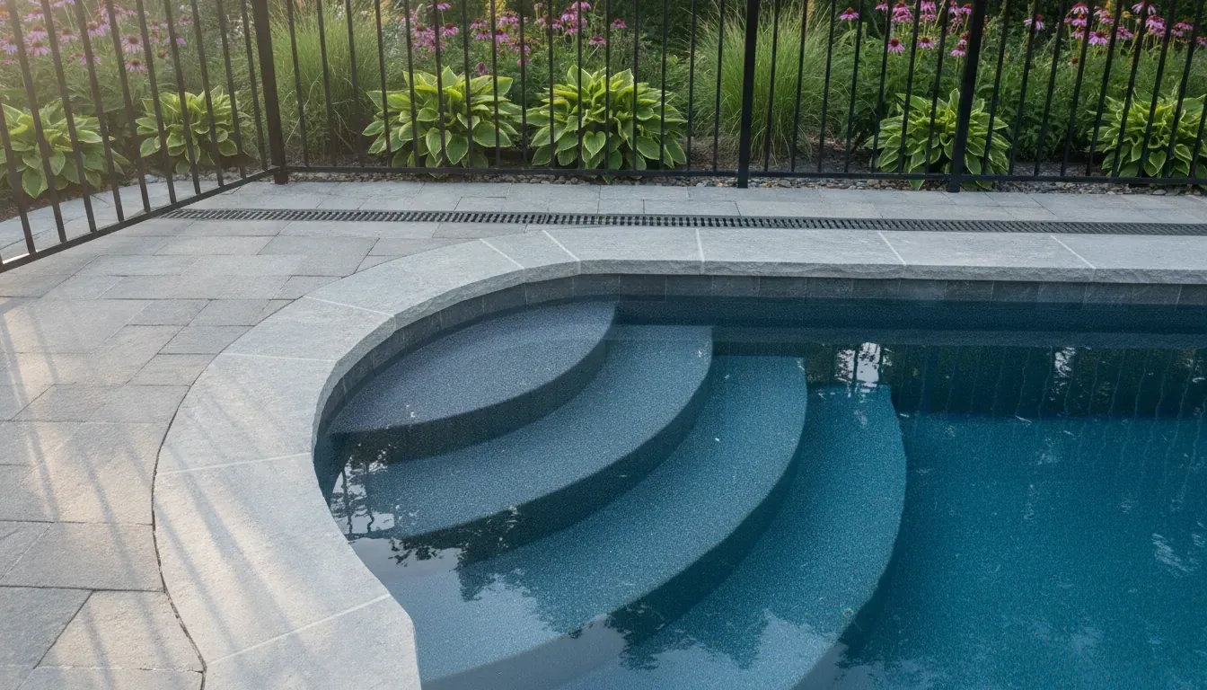 Finished Long Island pool with natural stone coping and a drained pool deck