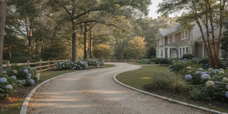 Curved gravel driveway with stone edging at a Long Island home
