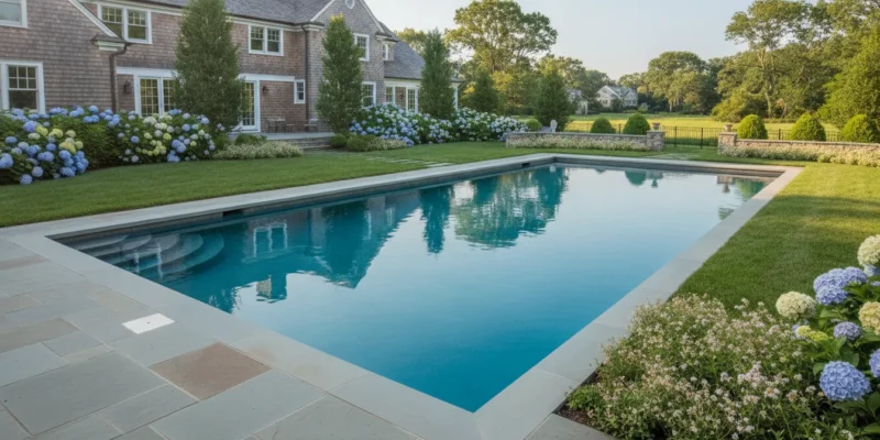 Residential swimming pool in a landscaped Long Island backyard
