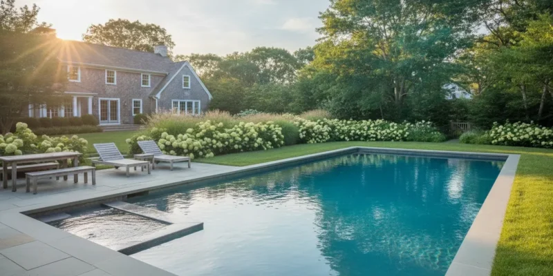 Custom residential swimming pool in a landscaped Long Island backyard
