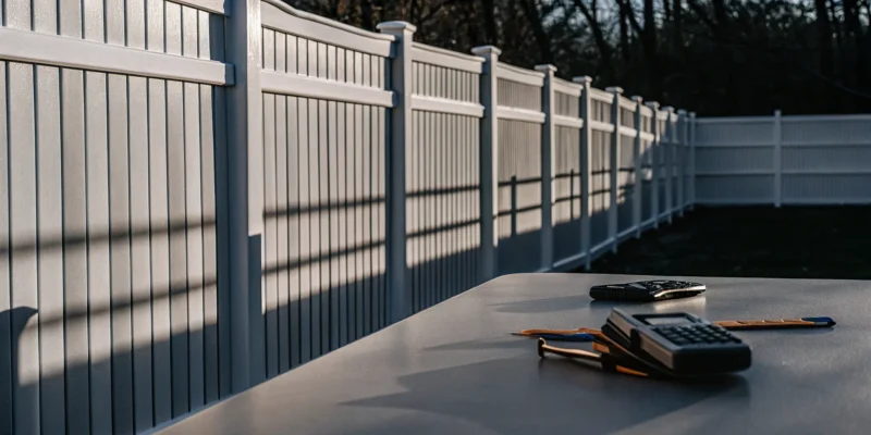 Estimating how much a 100 foot vinyl fence costs with a calculator and tools on a table.