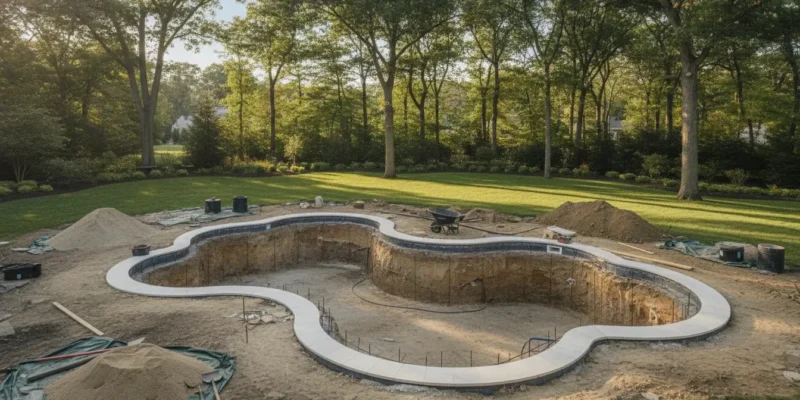 Custom in-ground swimming pool and stone coping in a Long Island backyard
