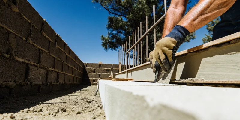 Close-up of gloved hands building a rock wall foundation with cement.