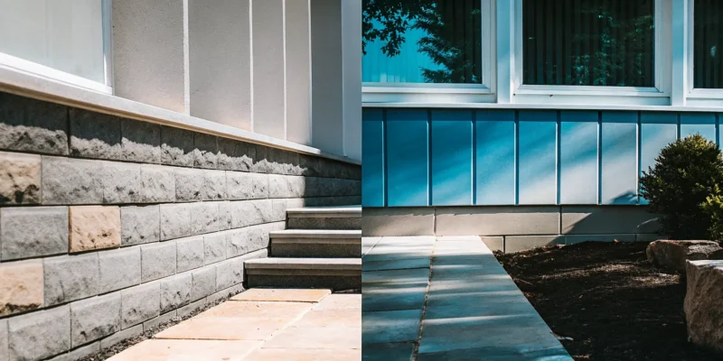 A newly built small retaining wall with stacked concrete blocks and a capstone finish.