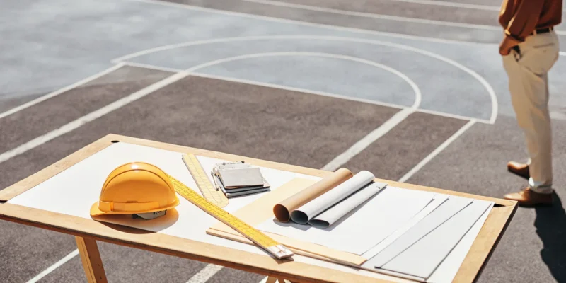 Planning a new game court with a contractor's tools and blueprints on Long Island.