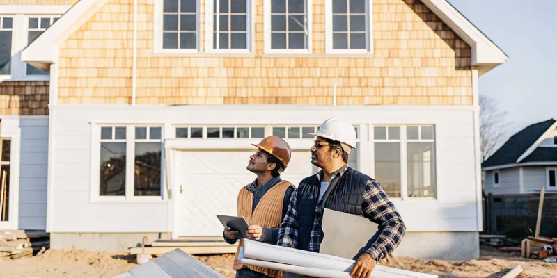 Home construction company contractors review plans for a new build in Long Island.