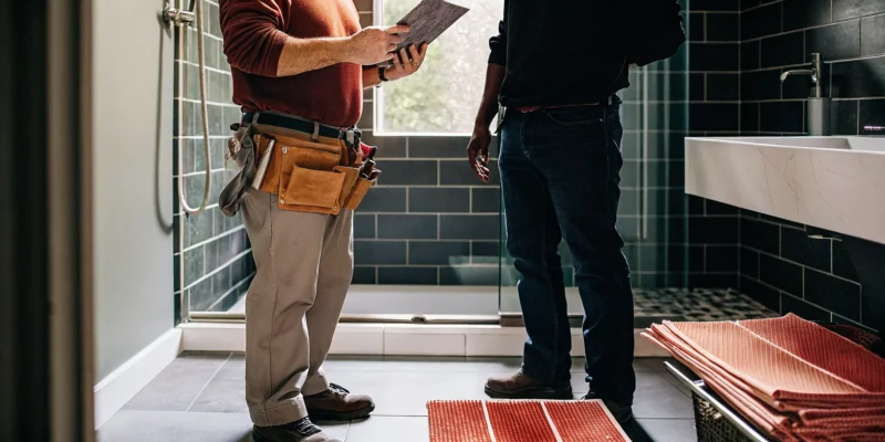 Bathroom tile contractor in Long Island discussing renovation plans with a homeowner.