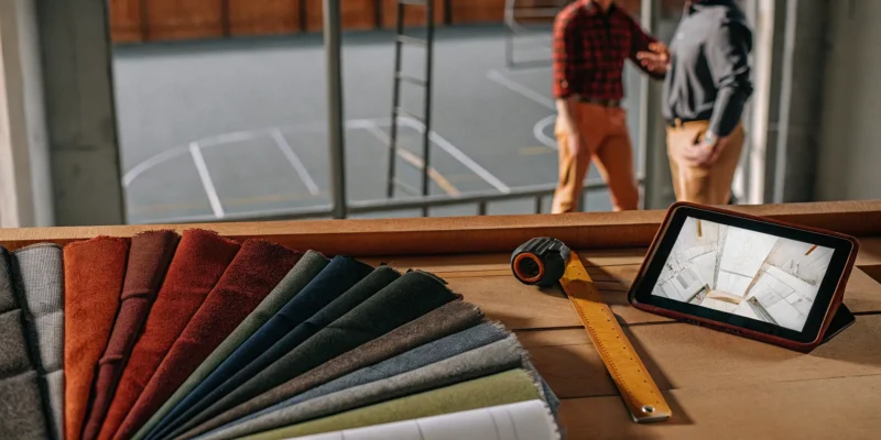 A sports court builder's planning table in Long Island with swatches, a tablet, and a court in the background.