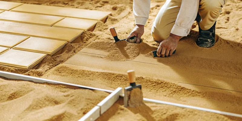 An installer lays durable outdoor porcelain tile for a new Long Island patio.