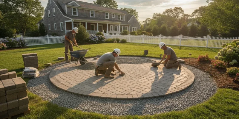 Patio pavers being installed over a prepared compacted base