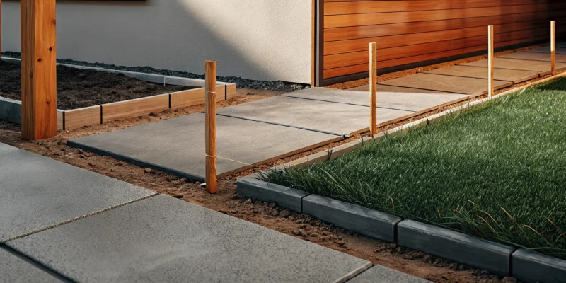 Laying pavers for a walkway on a compacted base with edge restraints.
