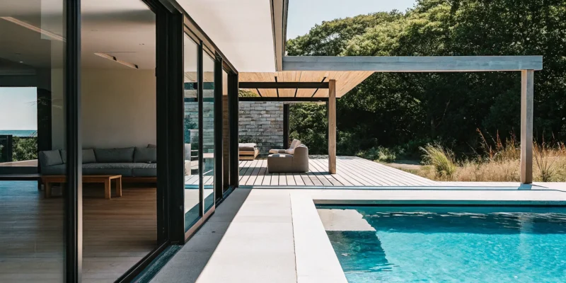 Modern indoor-outdoor renovation on Long Island with a pool, patio, and seamless flow.
