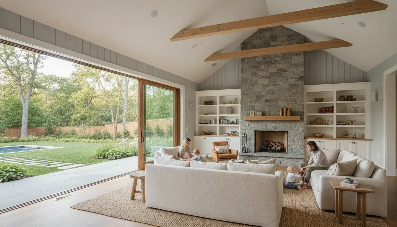Finished family room addition opening toward a landscaped Long Island backyard