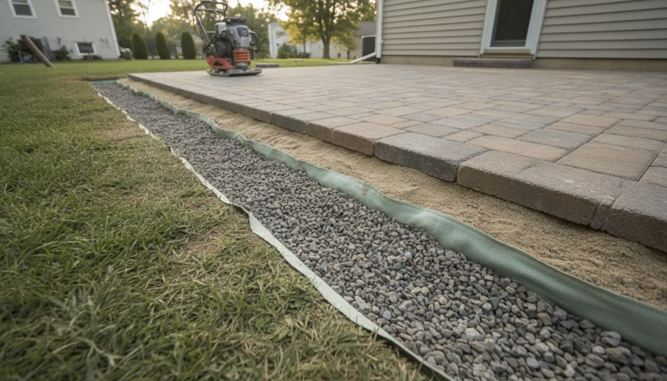 Patio paver base and drainage preparation beside a Long Island home