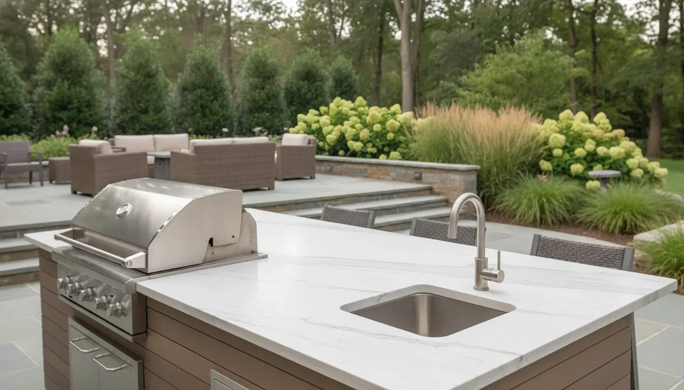Porcelain outdoor kitchen countertop with grill and sink