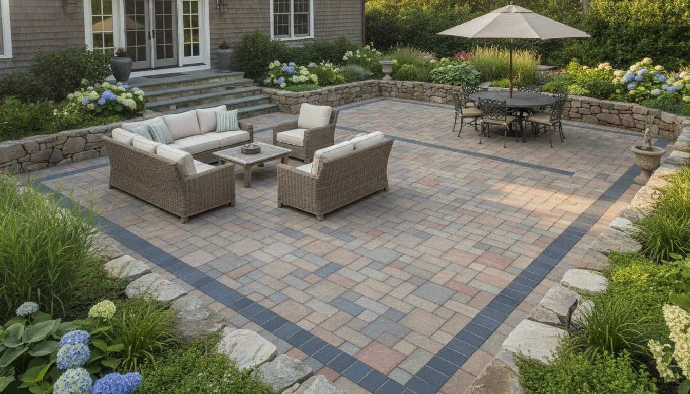 Interlocking patio pavers arranged in a coordinated pattern with a contrasting border