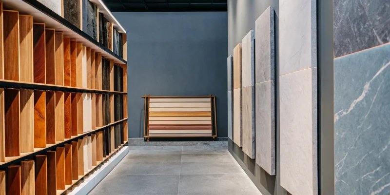 Large format porcelain slabs with various finishes and textures in a Long Island showroom.