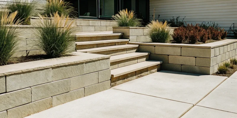 Large retaining wall blocks create a tiered garden with integrated steps and modern landscaping.