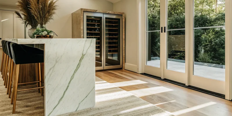Luxury home remodeling in Suffolk County: a modern kitchen with a marble island and wine fridge.