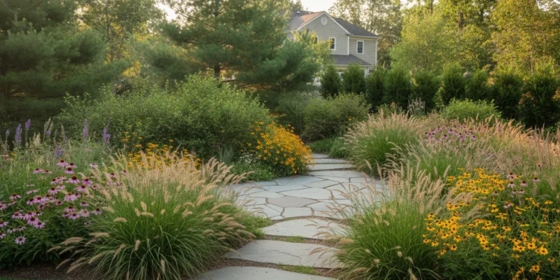 Layered native planting design in a Long Island backyard