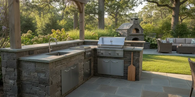 Outdoor kitchen countertop beside a Long Island patio