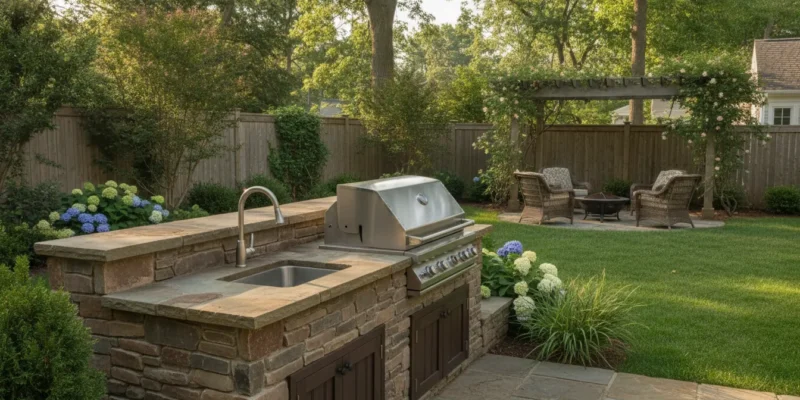 Stainless steel sink in a natural stone outdoor kitchen on Long Island