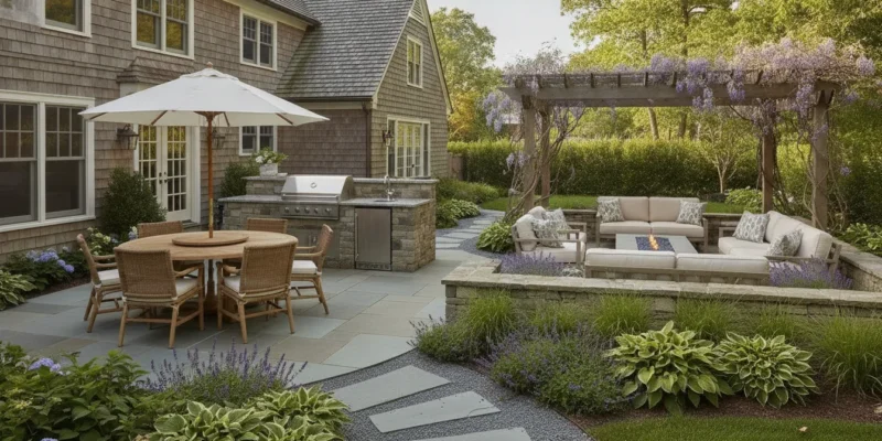 Long Island patio ideas with dining, cooking, fire, and shaded outdoor rooms