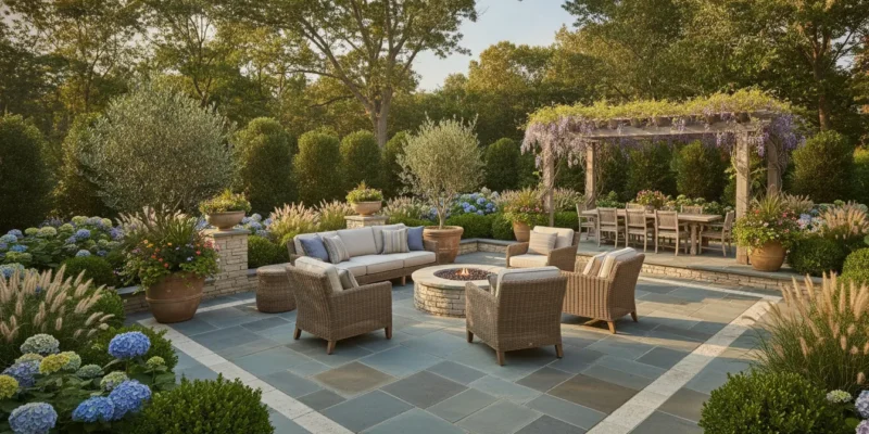 Long Island bluestone patio with landscaping and outdoor seating