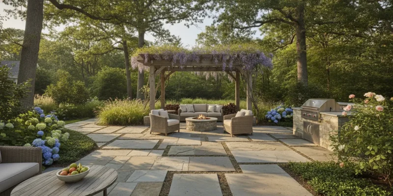 Long Island backyard patio with natural stone and concrete pavers