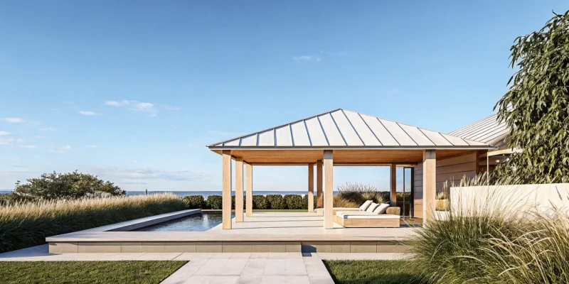 Modern wood pavilion by a pool, built by a premier Long Island pavilion builder.