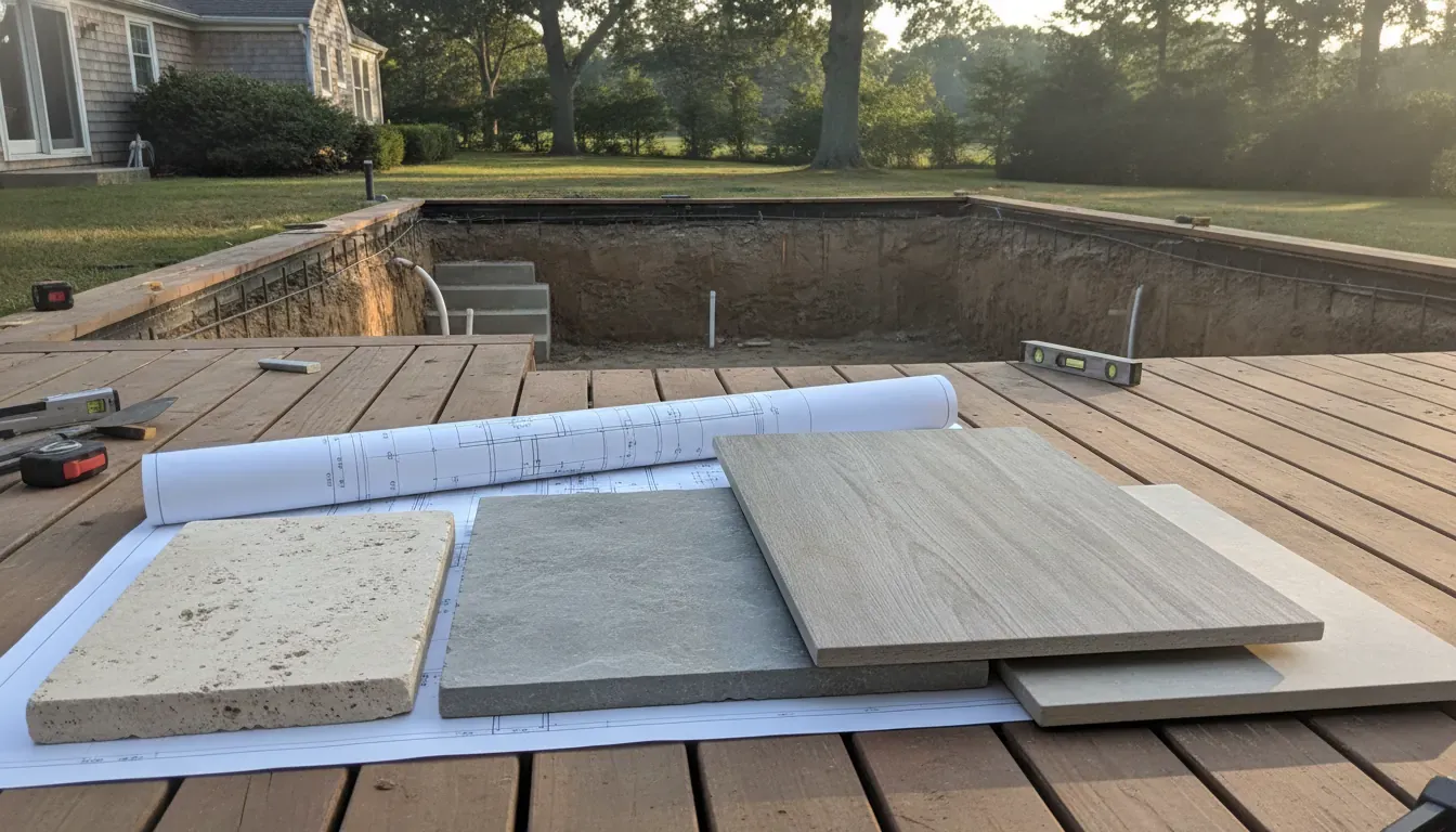 Pool plan and stone material samples beside a Long Island pool deck project