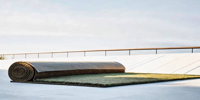 A playground turf installer unrolls artificial turf for a new installation on Long Island.