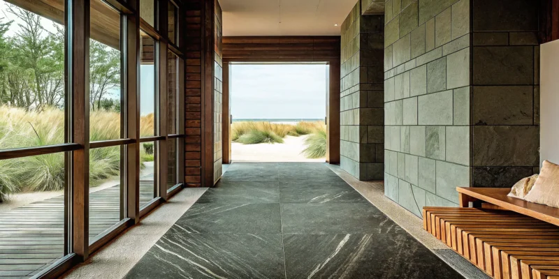 Porcelain paver showroom on Long Island with a modern display of large format tiles.