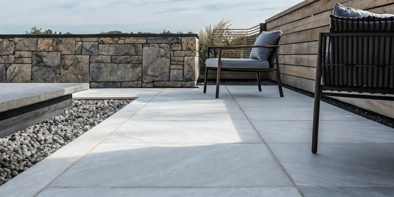 Light gray porcelain pavers on a modern outdoor patio in Long Island.