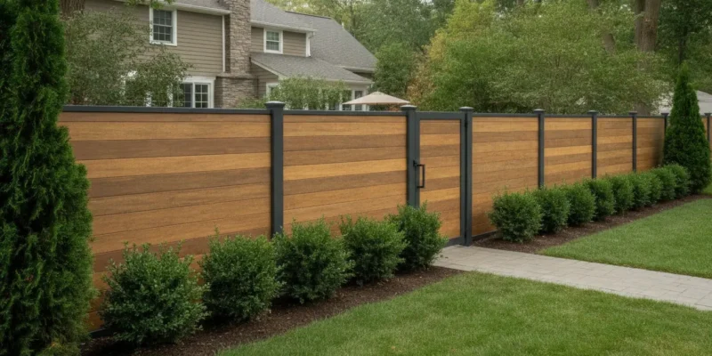 Wood-look privacy fence with dark aluminum posts and evergreen planting in a Long Island backyard