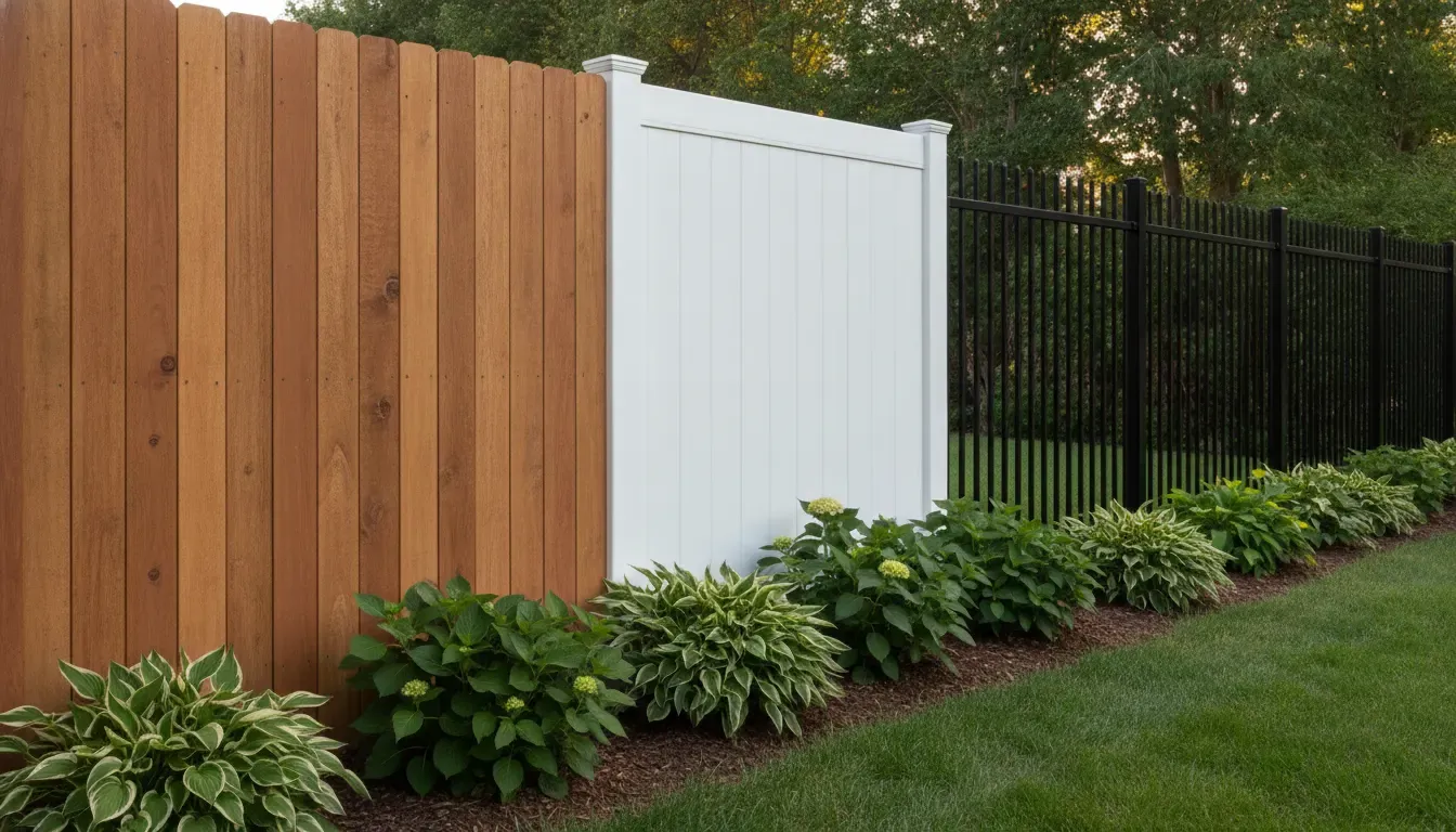 Wood, white vinyl, and black aluminum privacy fence material options with landscape planting