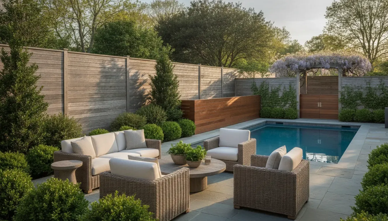 Privacy fence coordinated with a Long Island pool patio and outdoor seating area