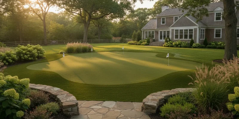 Contoured backyard practice putting green in a Long Island landscape