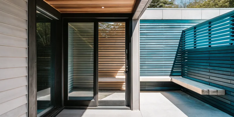 Modern wood and glass outdoor sauna installation on Long Island.