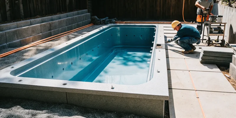 Swim spa installation with workers preparing a concrete foundation.