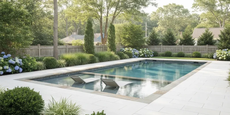 Long Island residential swimming pool with a shallow tanning ledge