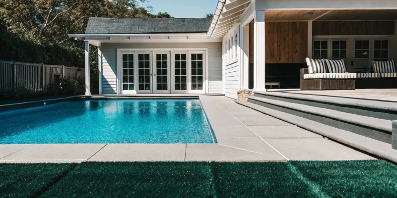 Lush synthetic turf in a Long Island backyard with a pool and patio.